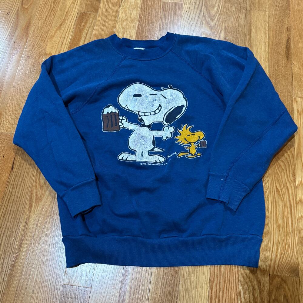 Vintage Snoopy Woodstock Sweatshirt Drinking Medium Blue USA 70s RARE
